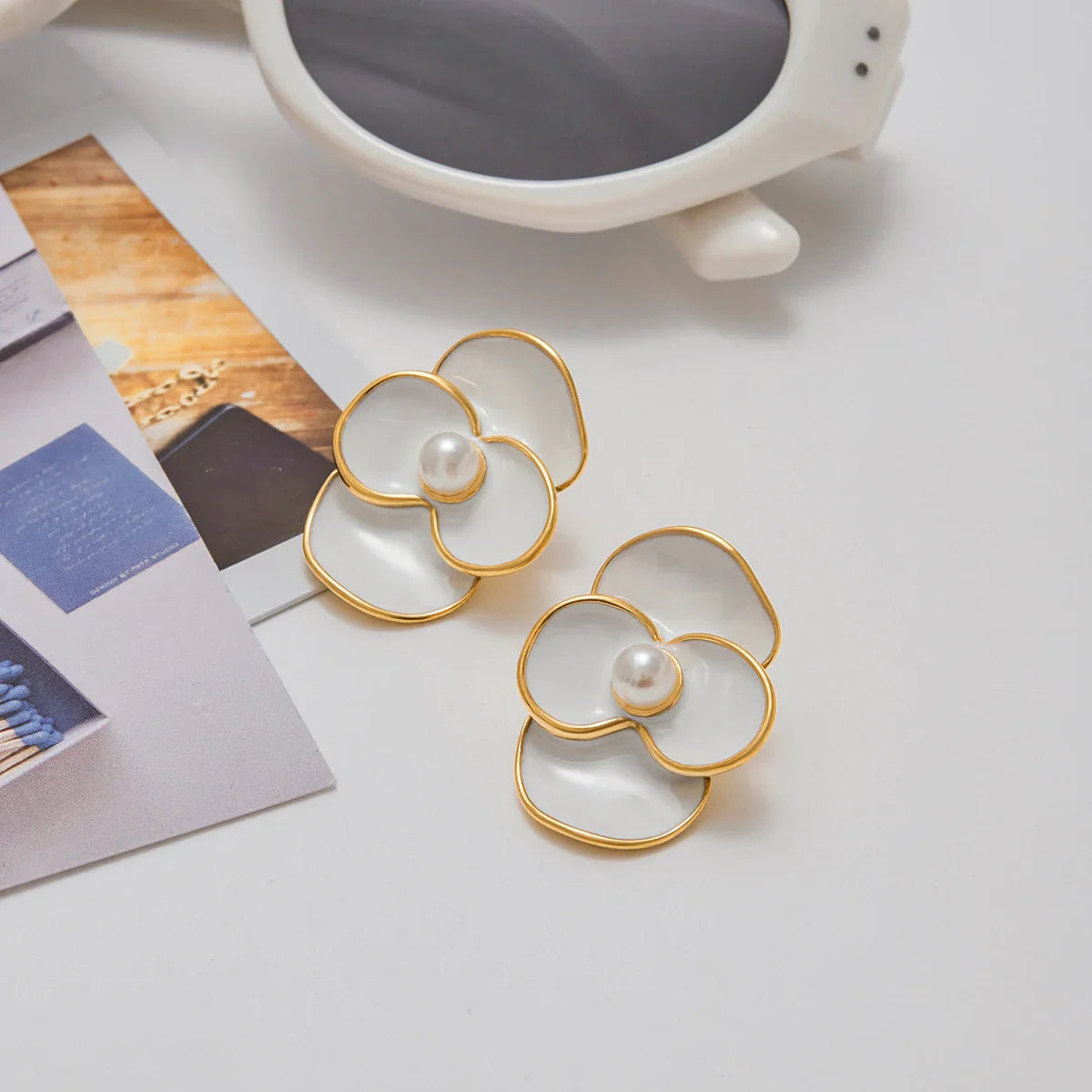 Stainless Steel Drip Oil White Four Petal Flower Ear Studs - JDE0103029