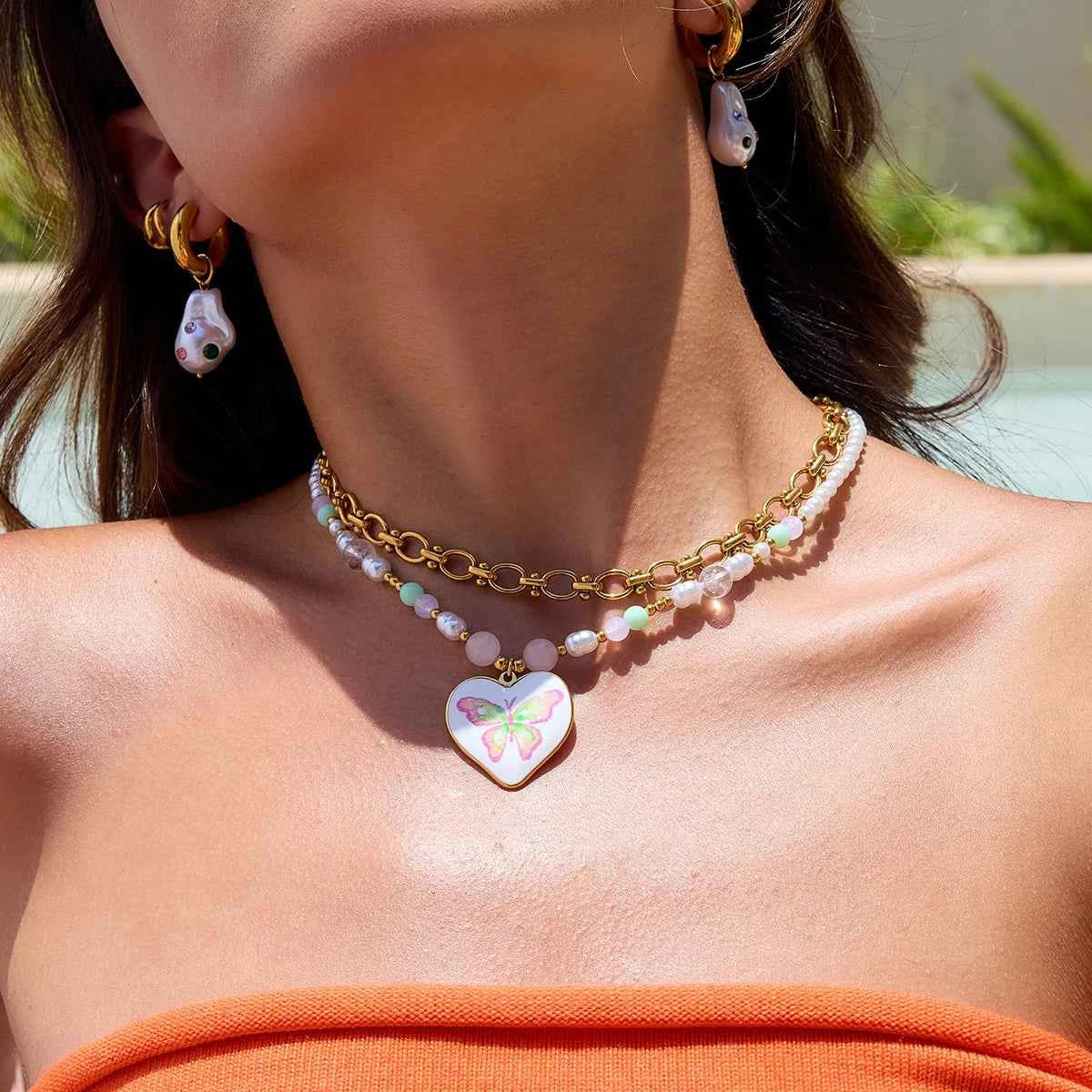 Stainless Steel Drop Oil Butterfly Print Pendant Necklace