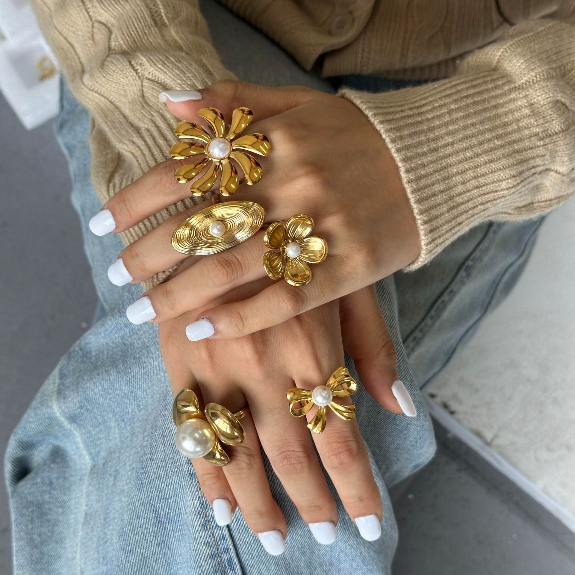 Stainless Steel Flower Pearl Ring - electronic accessories