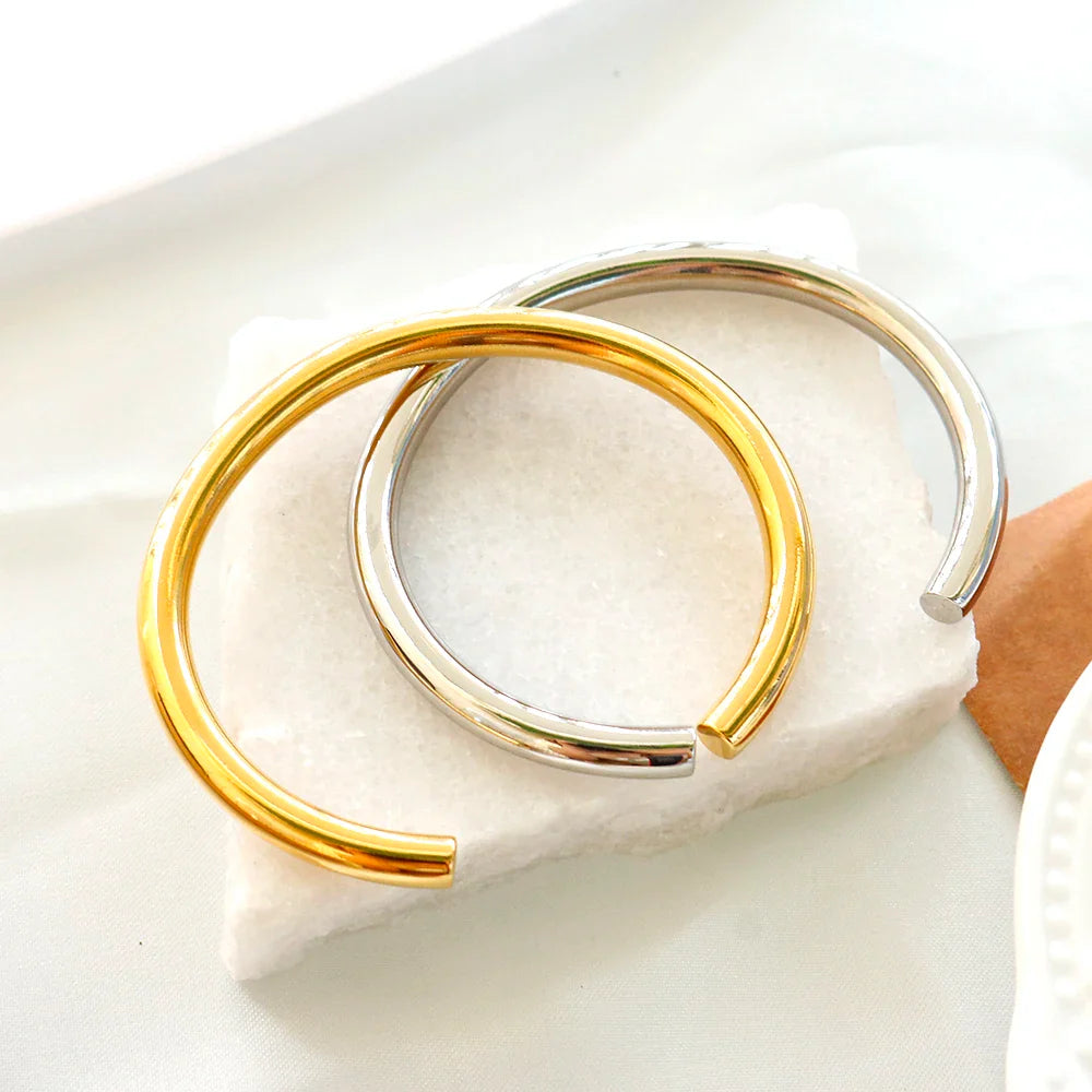 Stainless Steel Gold Color Thick Tube Open Bangle For Women