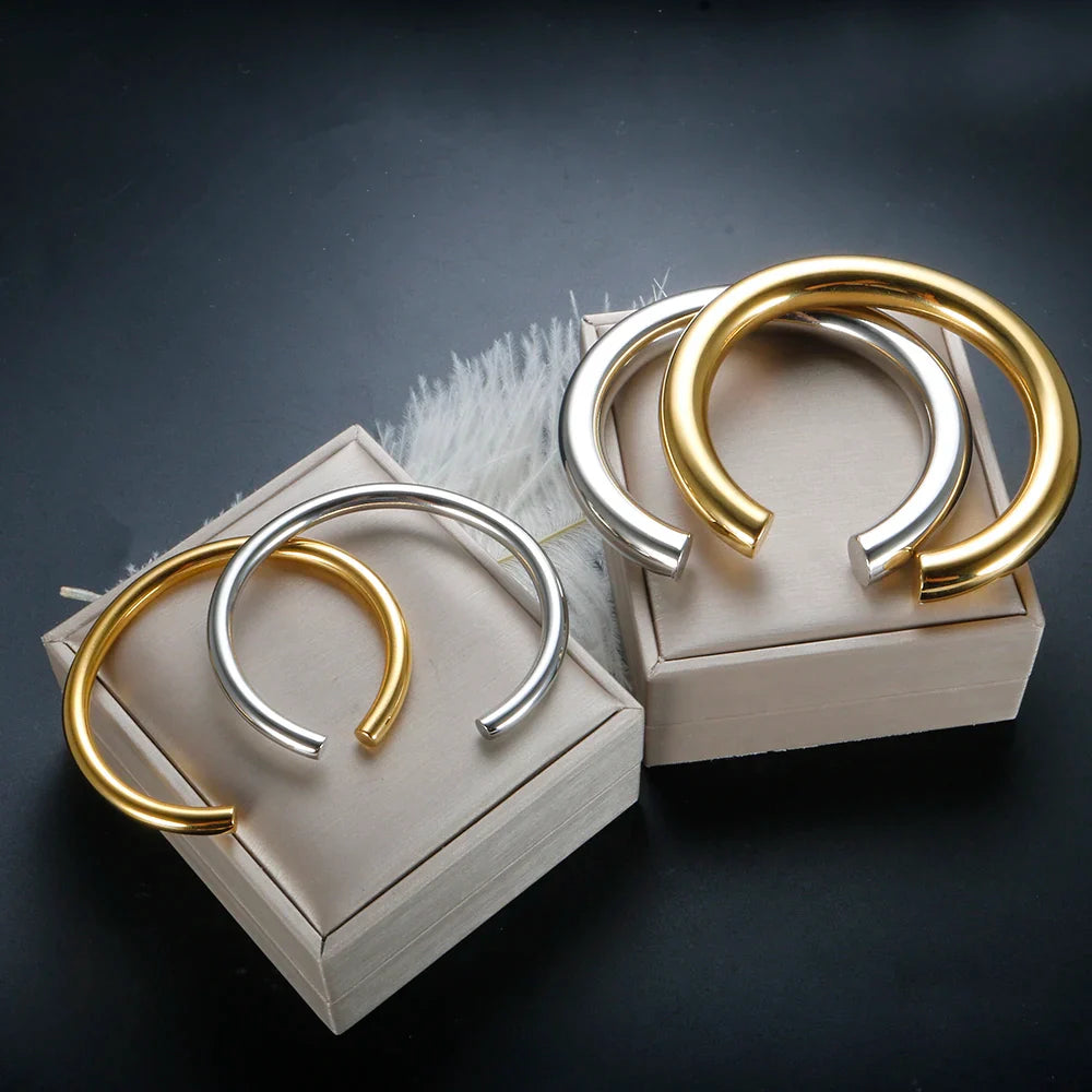Stainless Steel Gold Color Thick Tube Open Bangle For Women