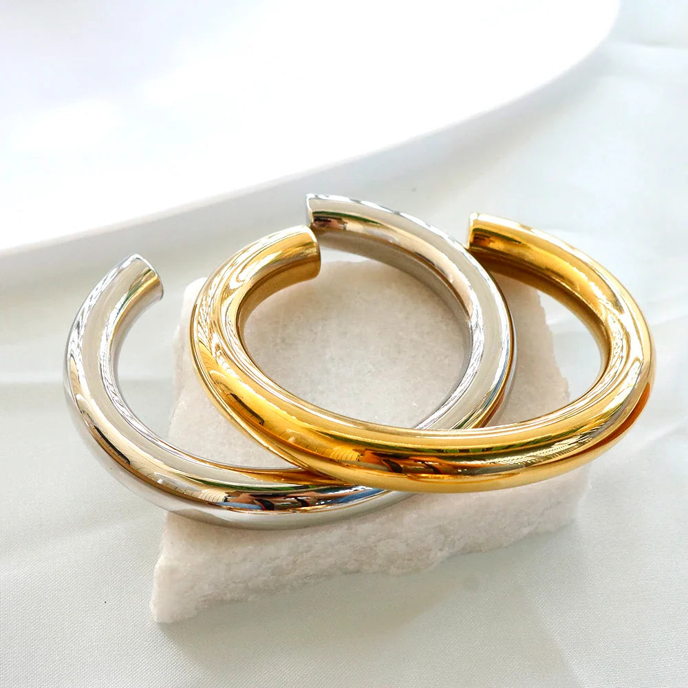 Stainless Steel Gold Color Thick Tube Open Bangle For Women