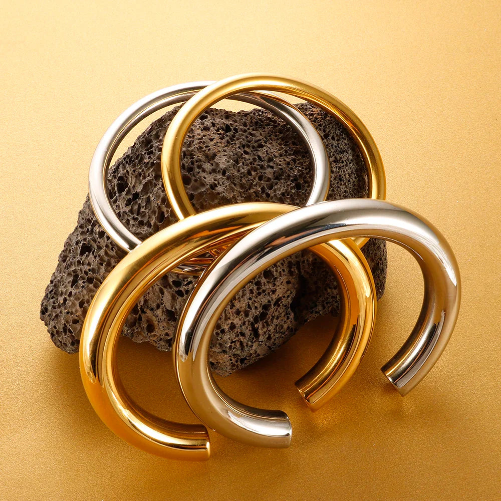 Stainless Steel Gold Color Thick Tube Open Bangle For Women