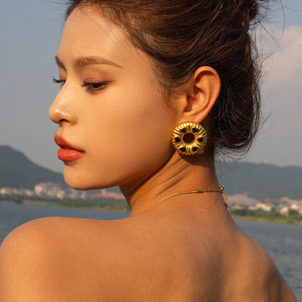 Stainless Steel Inlaid Black Zircon Bread Pattern O-shaped Earrings - JDE2309067-BK