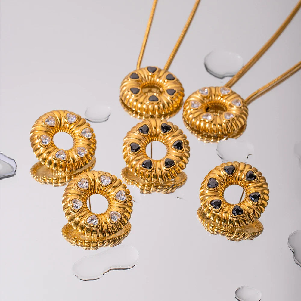 Stainless Steel Inlaid Black Zircon Bread Pattern O-shaped Earrings - JDE2309067-BK