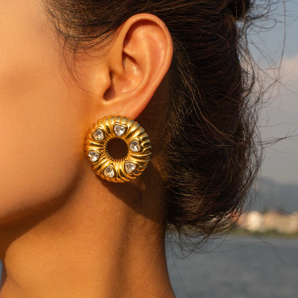 Stainless Steel Inlaid Black Zircon Bread Pattern O-shaped Earrings - JDE2309067-BK