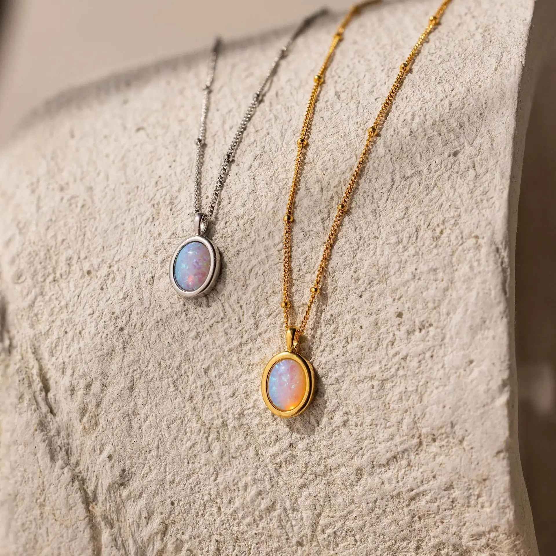 Stainless Steel Inlaid Opal Pendant Plated 18K Gold Necklace - electronic accessories