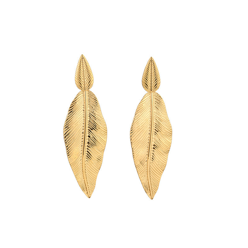 Stainless Steel Leaf Pendant Metal Texture Earrings - Gold - electronic accessories