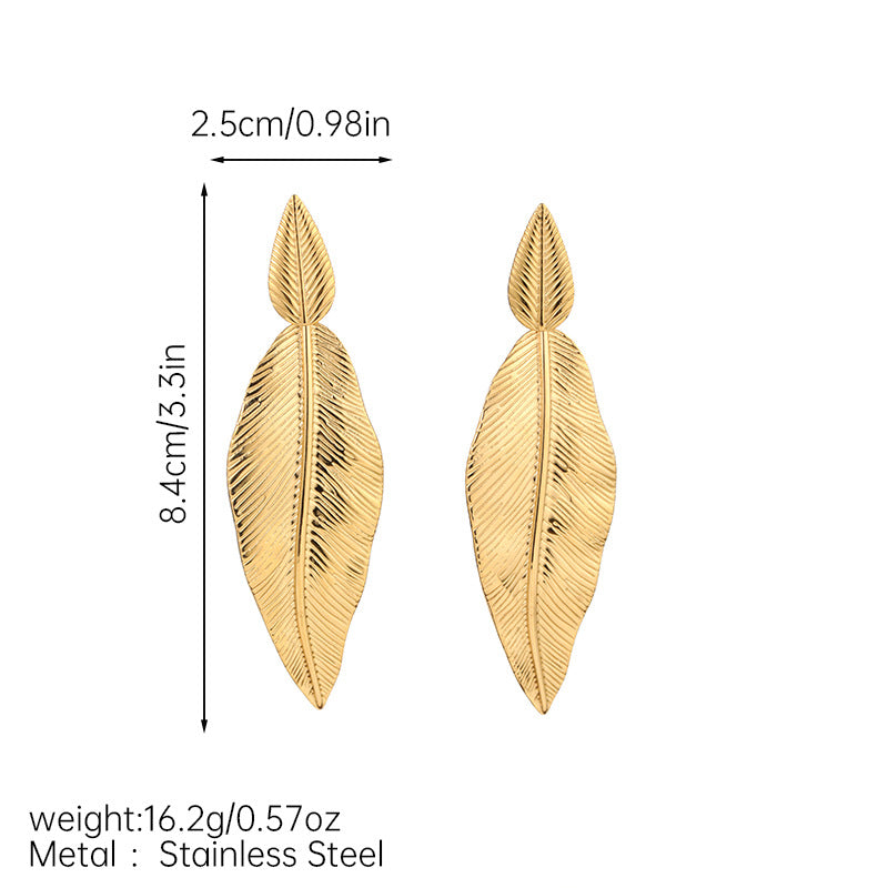 Stainless Steel Leaf Pendant Metal Texture Earrings - Gold - electronic accessories