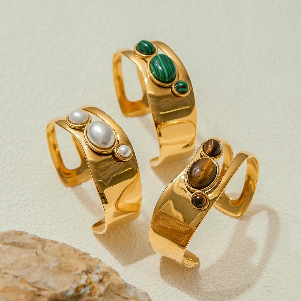 Stainless Steel Natural Stone Tiger Eye Smooth Hollow Bracelet