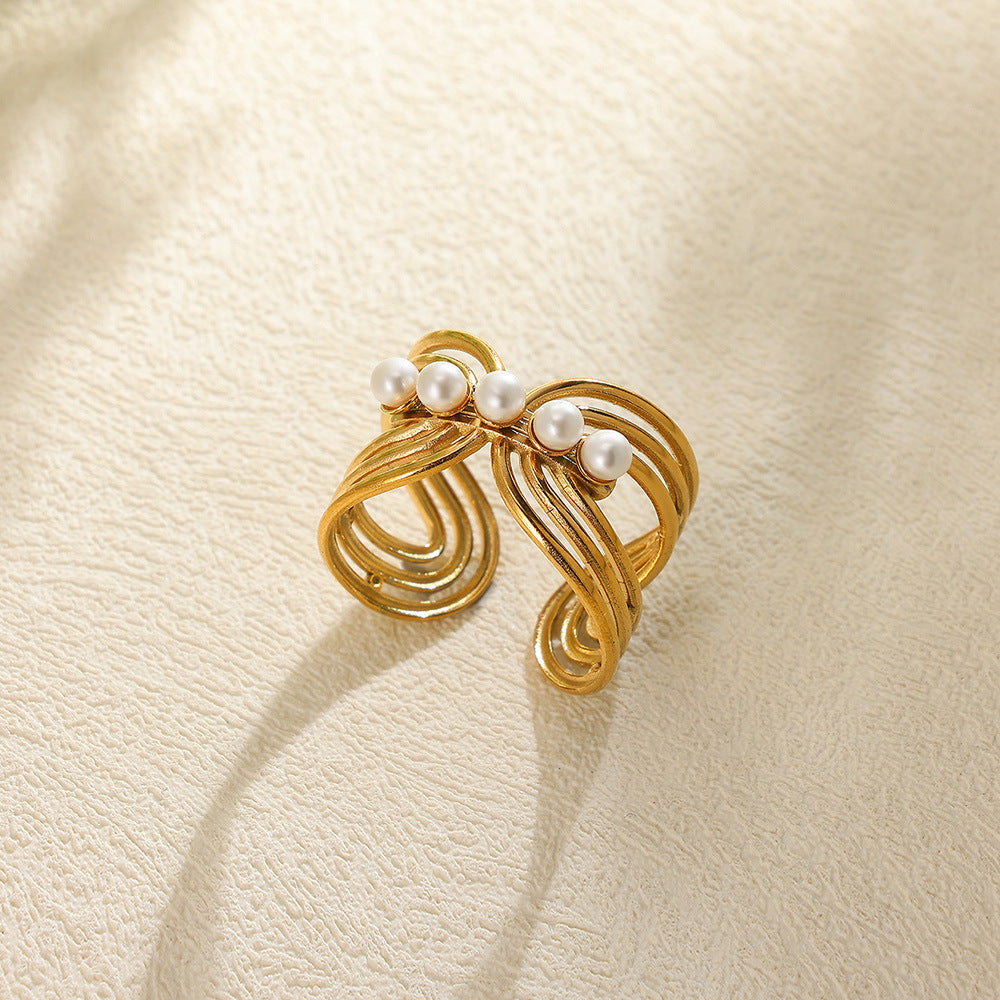 Stainless Steel Pearl Hollow Geometry Open Ring - Style 6 - electronic accessories
