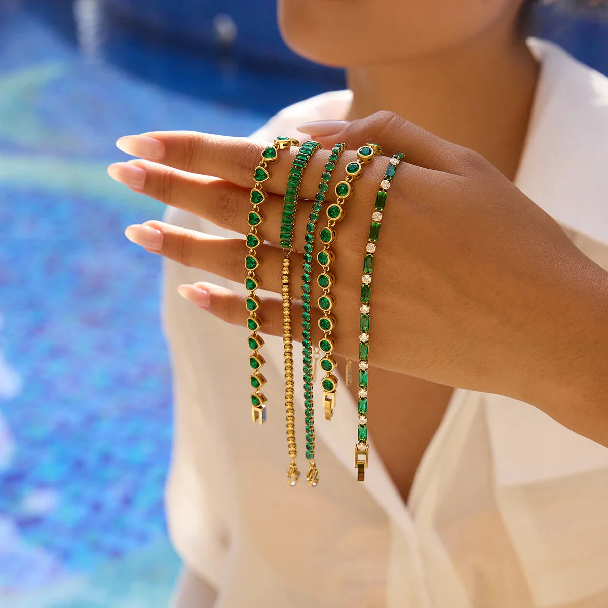 Stainless Steel Rectangular Green Zirconia Chain Bracelet