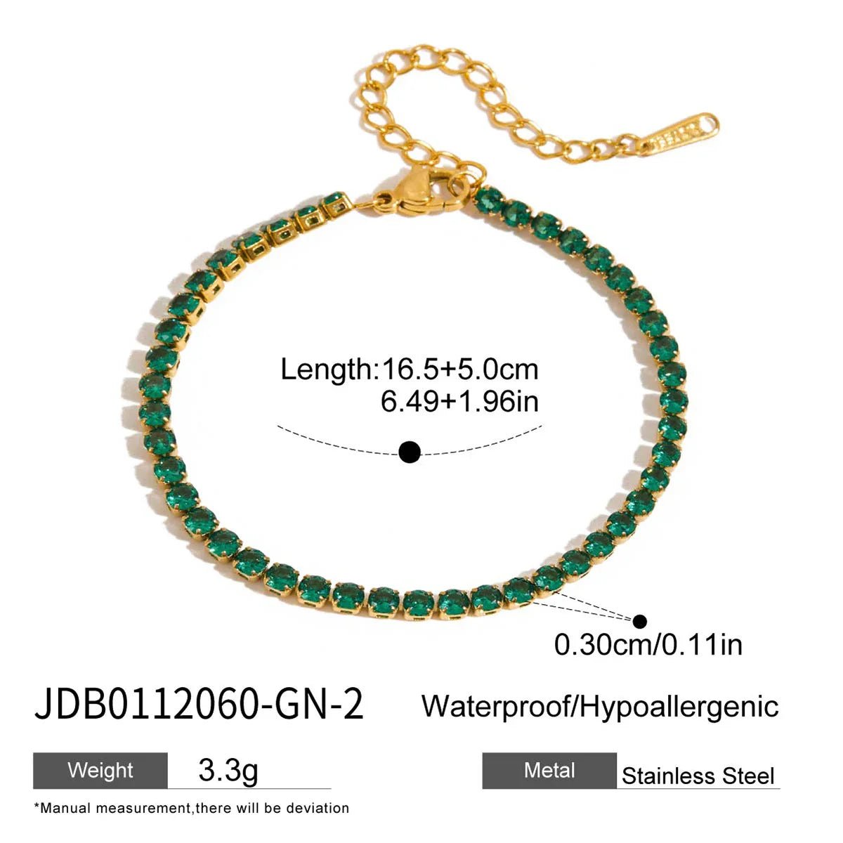 Stainless Steel Rectangular Green Zirconia Chain Bracelet - JDB0112060-GN-2