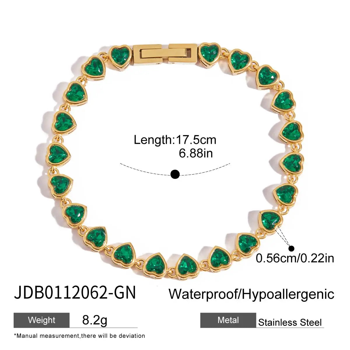 Stainless Steel Rectangular Green Zirconia Chain Bracelet - JDB0112062-GN