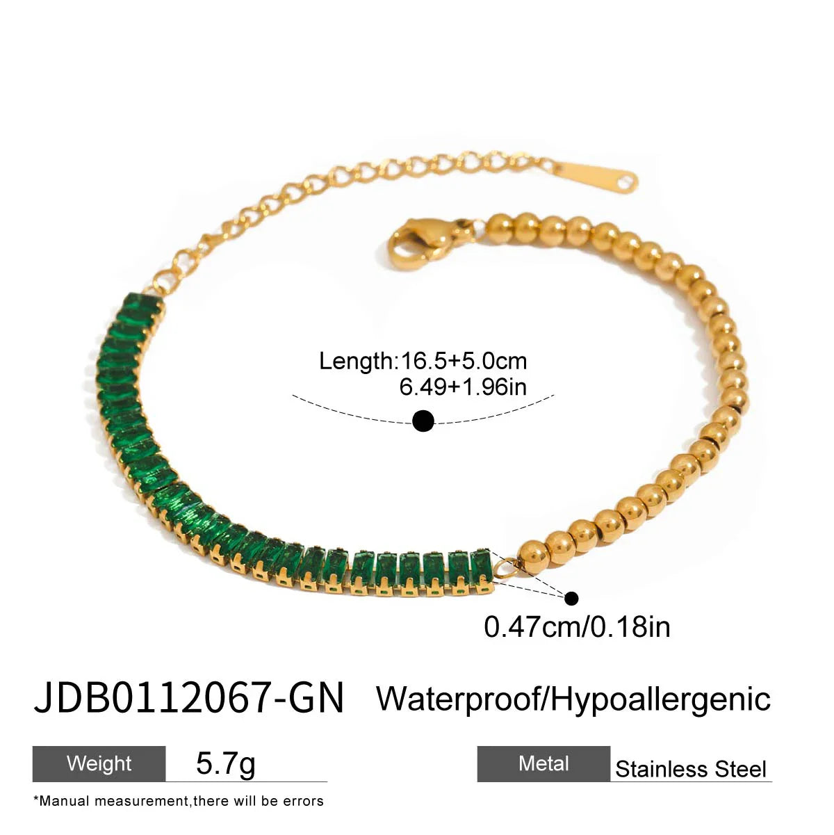 Stainless Steel Rectangular Green Zirconia Chain Bracelet - JDB0112067-GN