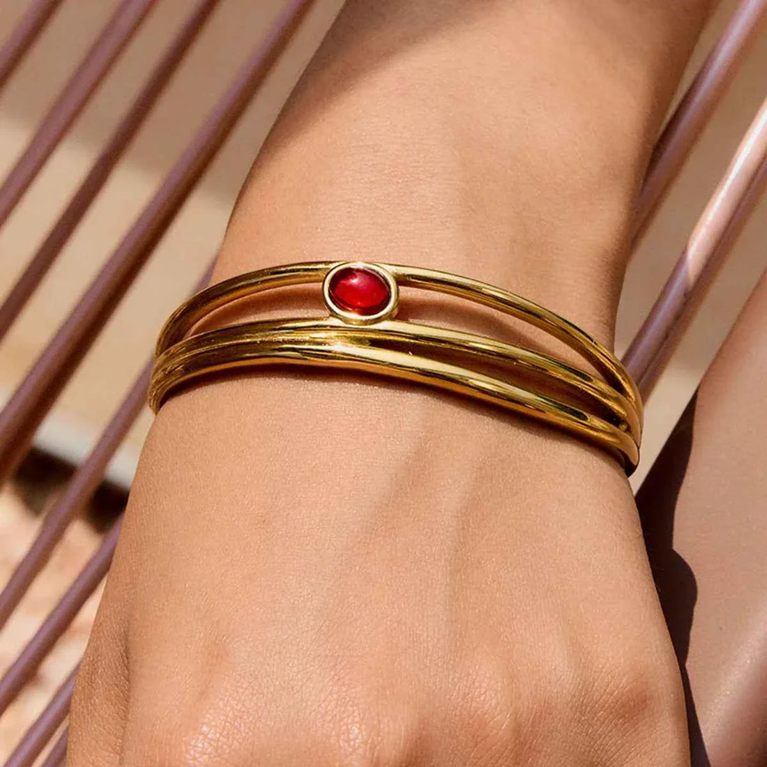 Stainless Steel Red Natural Stone Three Layer Hollow Bracelet