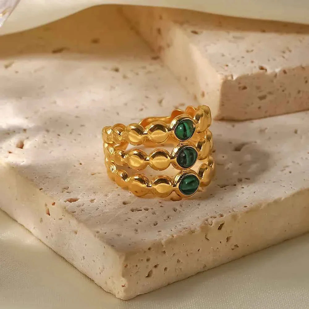 Stainless Steel Three Layer Green Malachite Opening Rings for Women