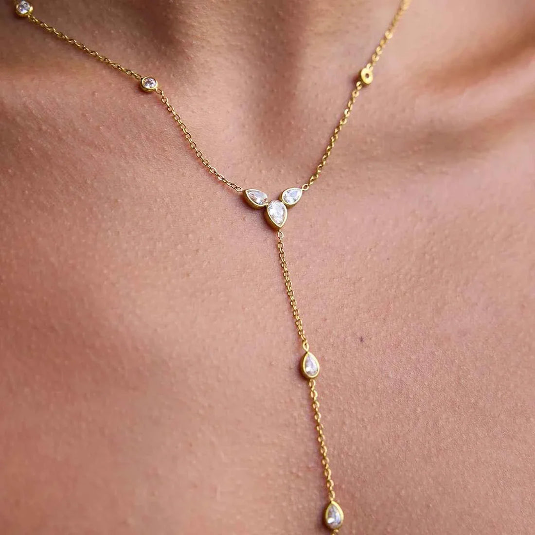 Stainless Steel Water Droplet Shaped White Zircon Y-shaped Chain