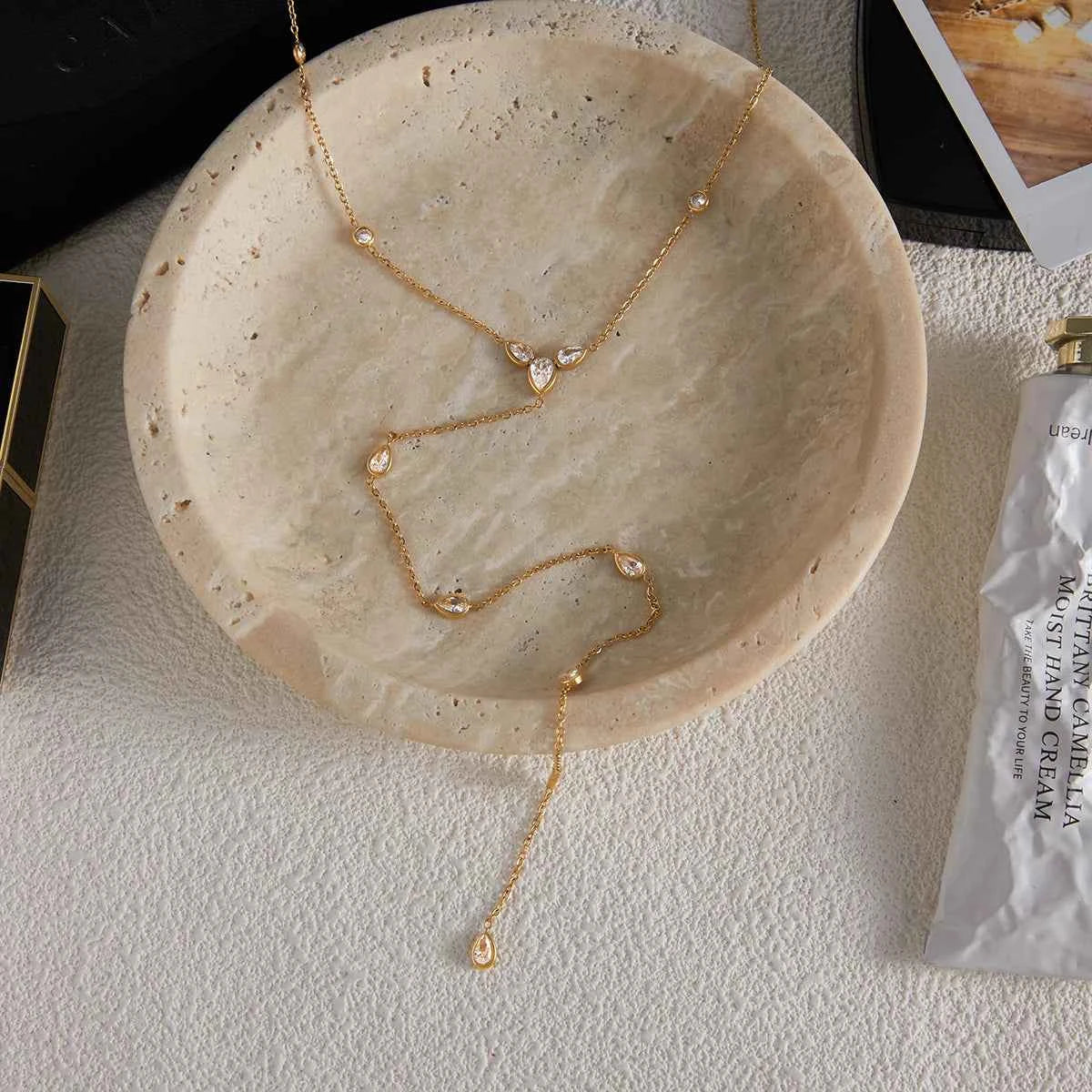 Stainless Steel Water Droplet Shaped White Zircon Y-shaped Chain