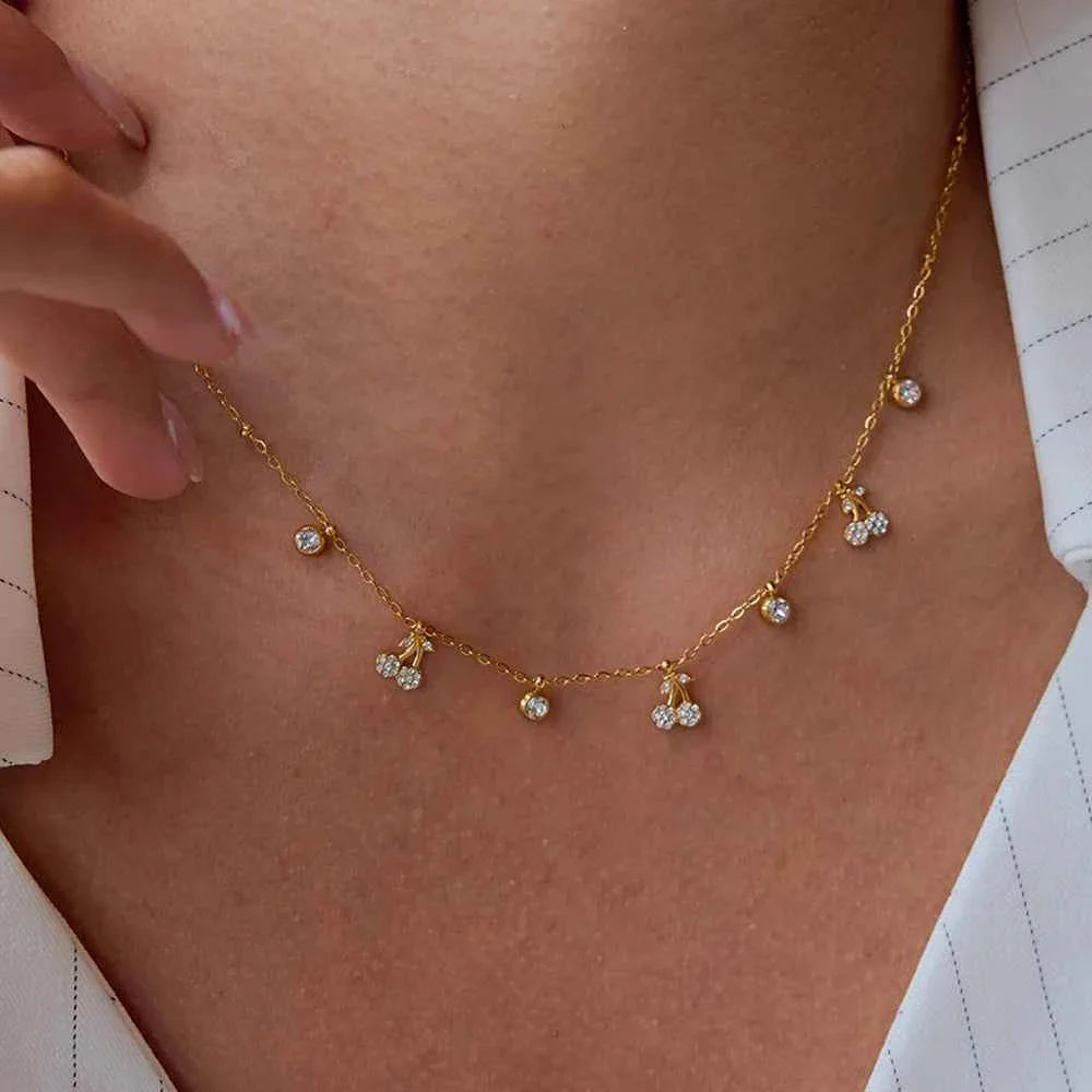 Stainless Steel White Rhinestone Cherry Pendant Necklace