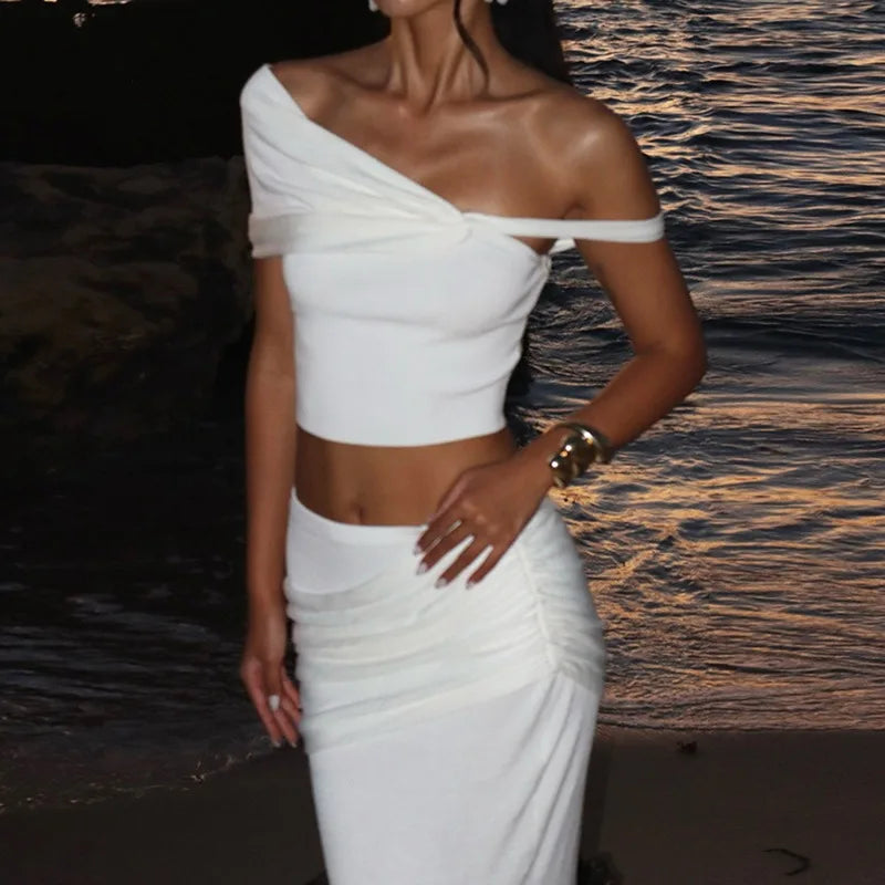 Strapless Long Dress Two Piece Fashion Elegant Solid Sleeveless Top Tight Set