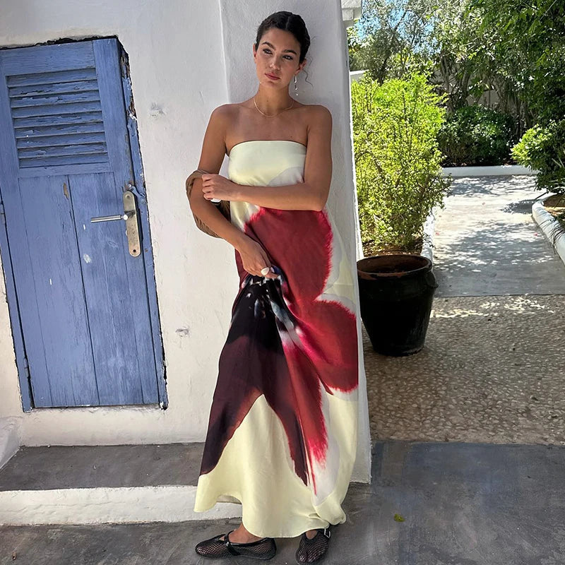 Strapless Print Floral Belt Women Maxi Dress - Other