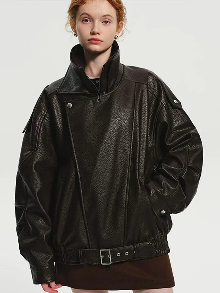 Street Lapel Zipper Leather Jacket Woman