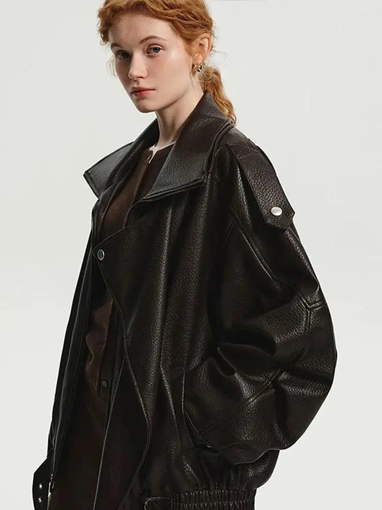 Street Lapel Zipper Leather Jacket Woman