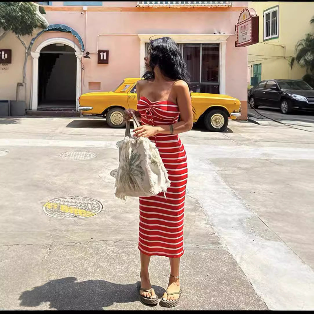 Striped Chest Wrap Hollow Pencil Dress - Other