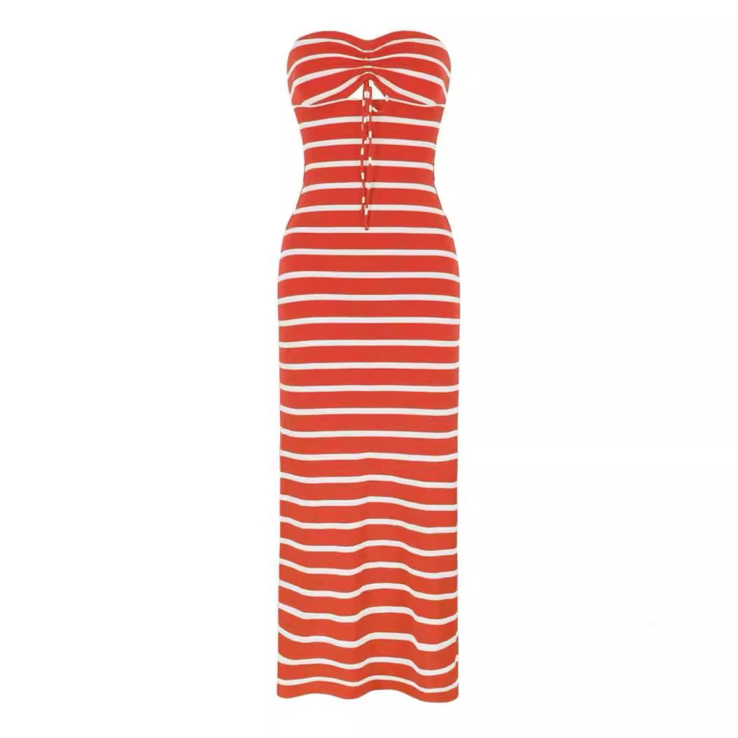 Striped Chest Wrap Hollow Pencil Dress - Other