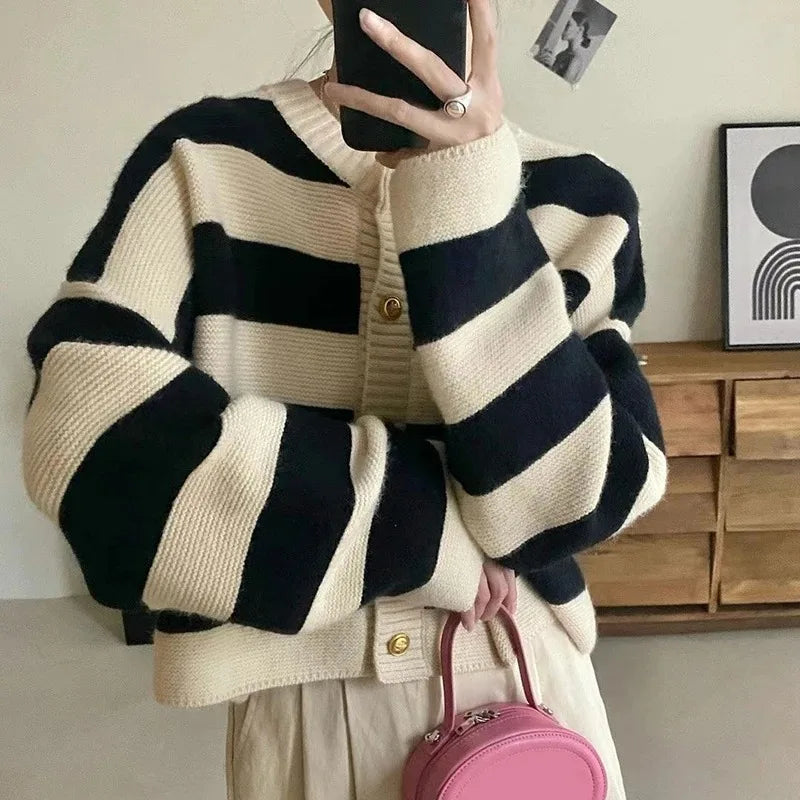 Striped Knitted Cardigans Women Button Up Loose Cardigan - Other