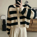 Striped Knitted Cardigans Women Button Up Loose Cardigan - Other