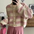 Striped Knitted Cardigans Women Button Up Loose Cardigan - Other