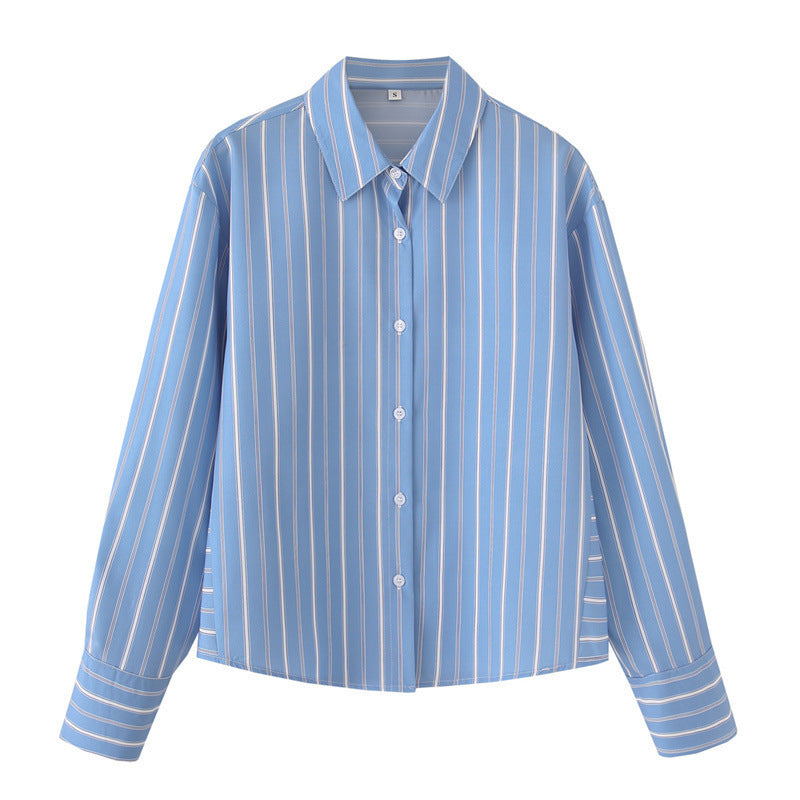 Striped Poplin Cotton Long-sleeved Lapel Shirt - Other
