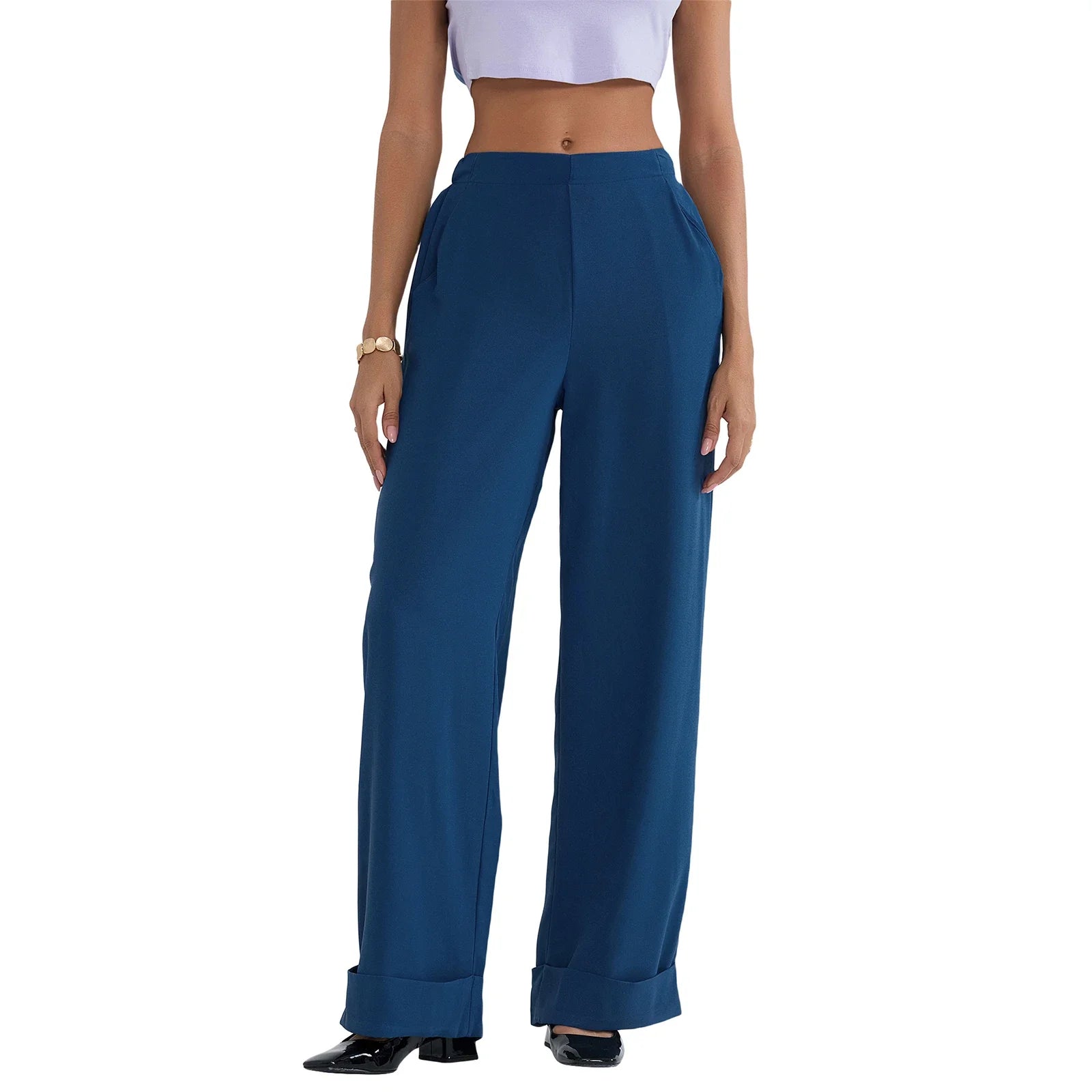 Striped Print Loose Pants Women High Waist Wide Leg Trousers - Blue / L