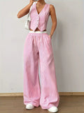 Striped Sleeveless V-Neck Vest + Waist Contrast Color Trousers Two-Piece Set - Pink / S