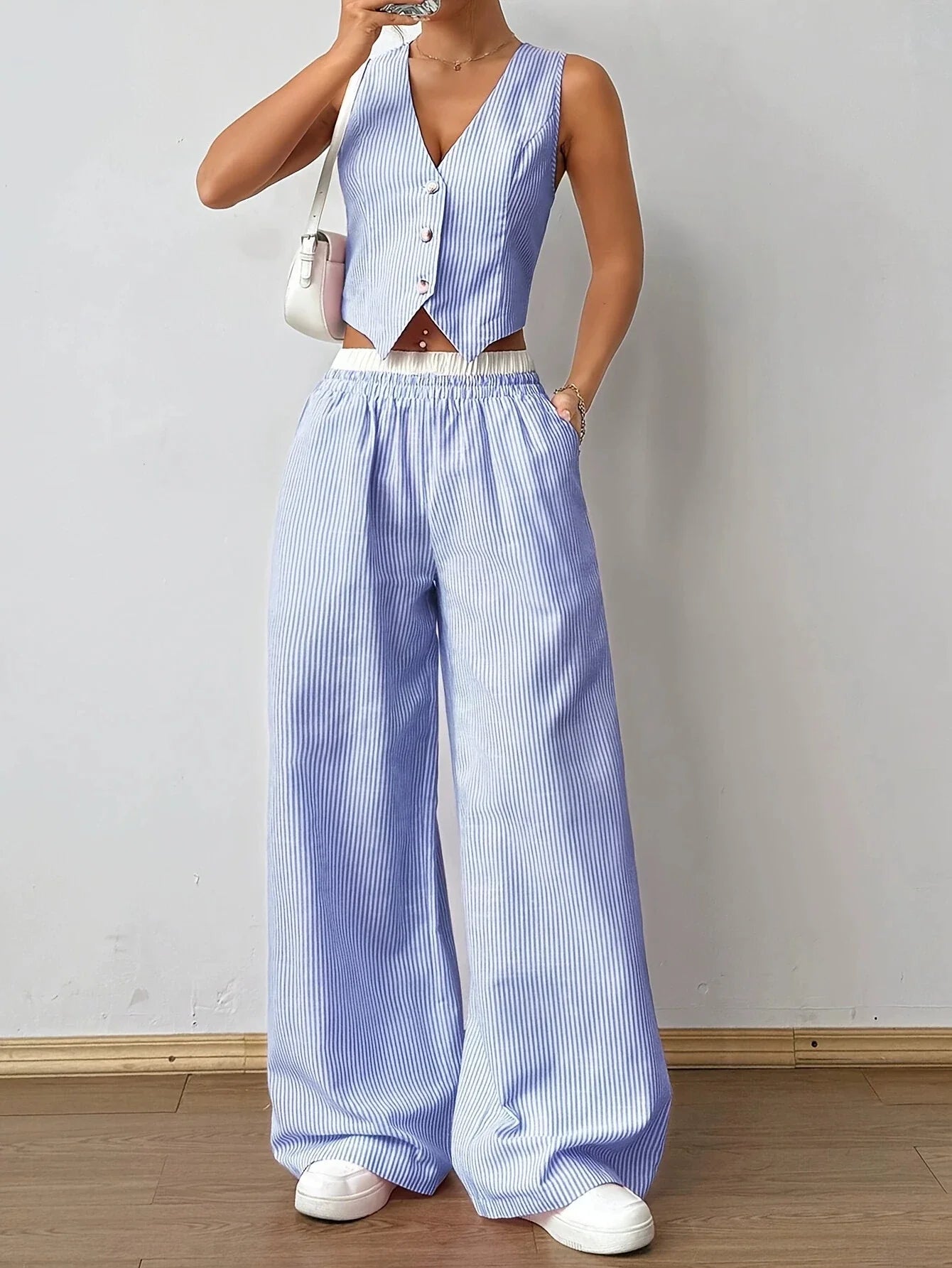 Striped Sleeveless V-Neck Vest + Waist Contrast Color Trousers Two-Piece Set - Blue / S