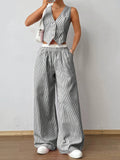 Striped Sleeveless V-Neck Vest + Waist Contrast Color Trousers Two-Piece Set - Gray / S