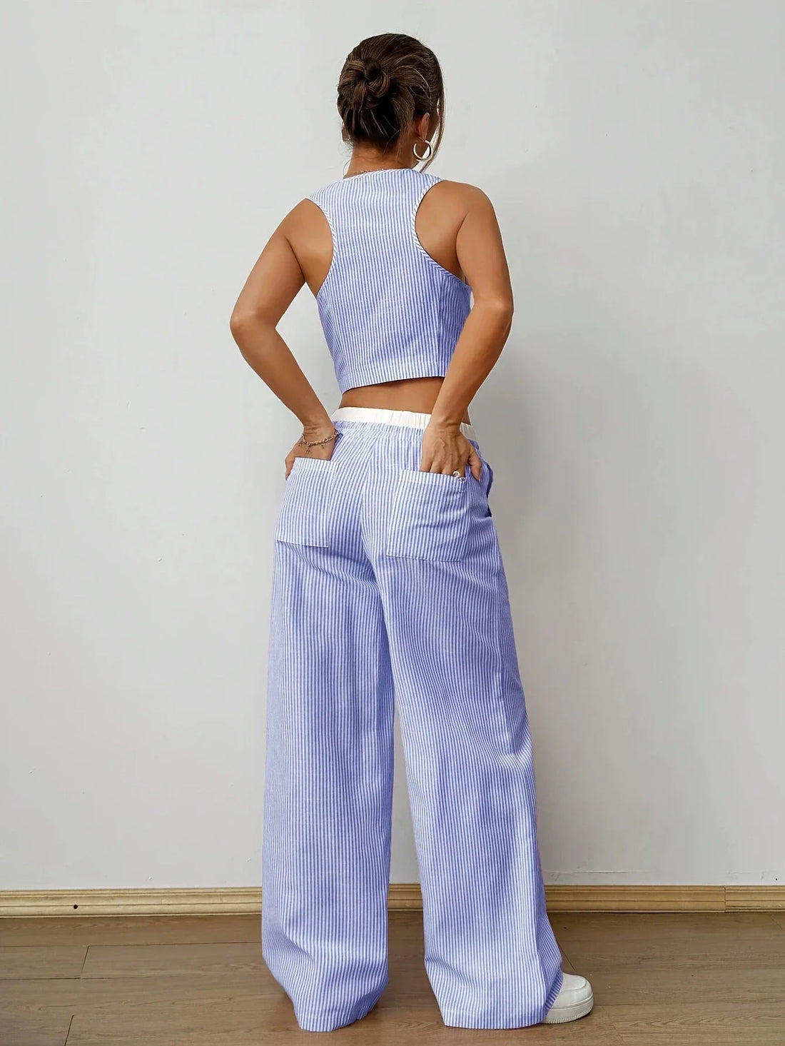 Striped Sleeveless V-Neck Vest + Waist Contrast Color Trousers Two-Piece Set - Blue / S
