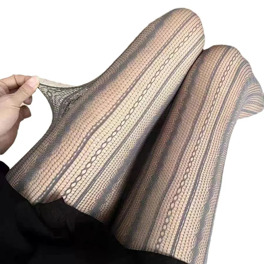 Striped Tights Women Figures Hollow-Out Lace Fishnet