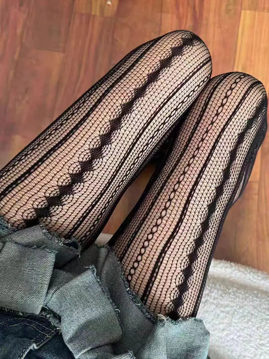 Striped Tights Women Figures Hollow-Out Lace Fishnet - Black / 40-70KG / CHINA