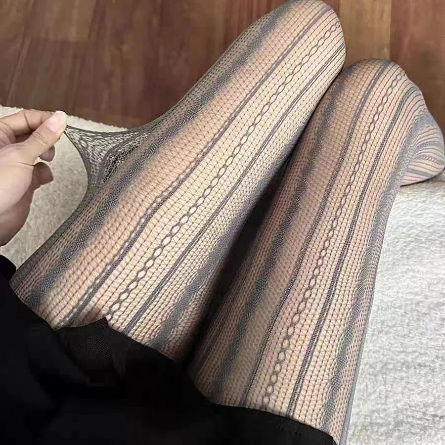 Striped Tights Women Figures Hollow-Out Lace Fishnet - GRAY / 40-70KG / CHINA