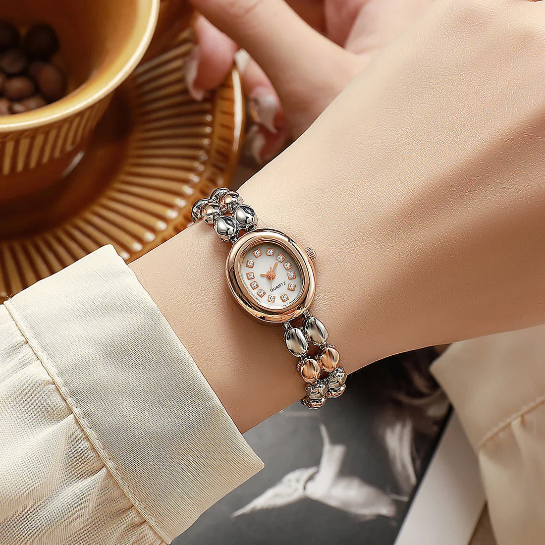 Stylish Oval Diamond Dot Dial Quartz Watch