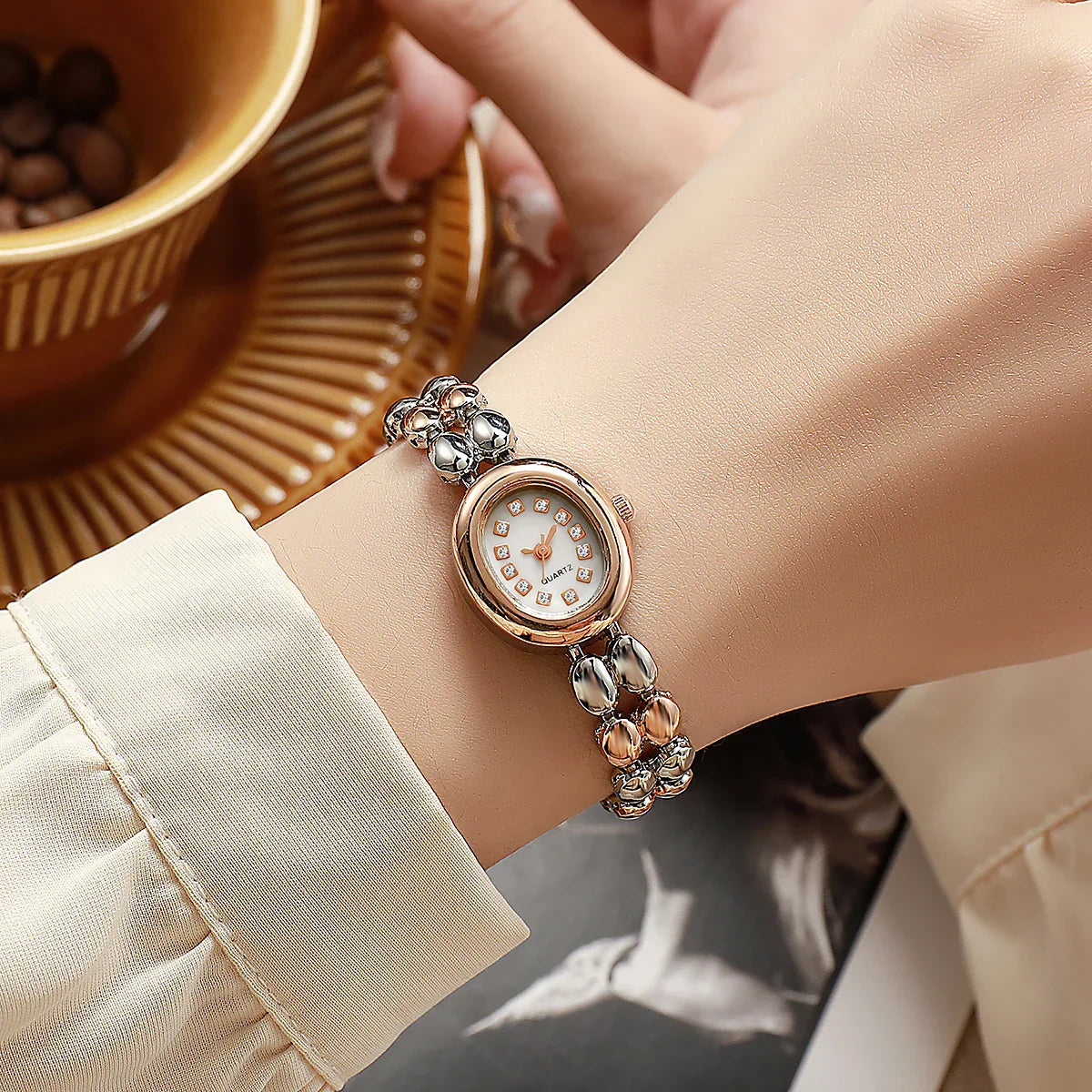 Stylish Oval Diamond Dot Dial Quartz Watch