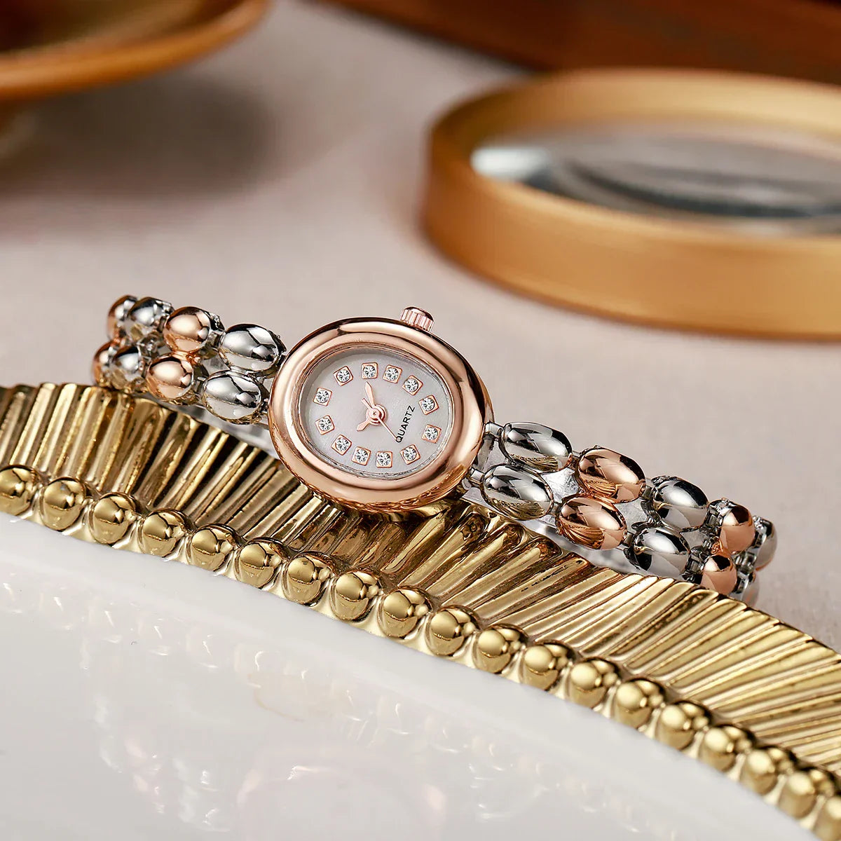 Stylish Oval Diamond Dot Dial Quartz Watch