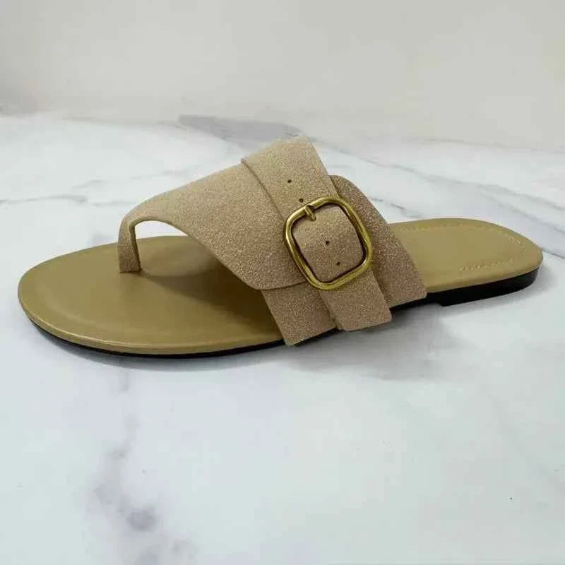Suede Women Flip Flops Metal Buckle Belt Large Size Flat