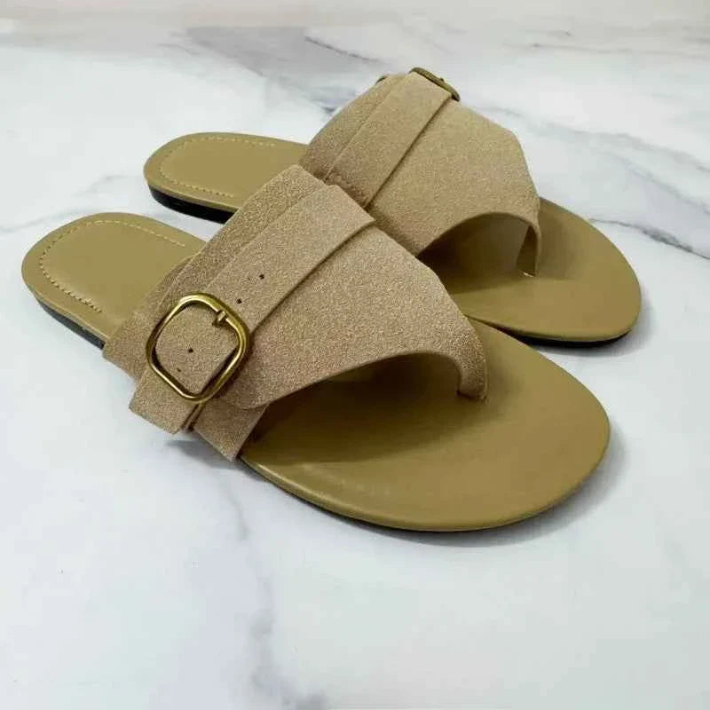 Suede Women Flip Flops Metal Buckle Belt Large Size Flat