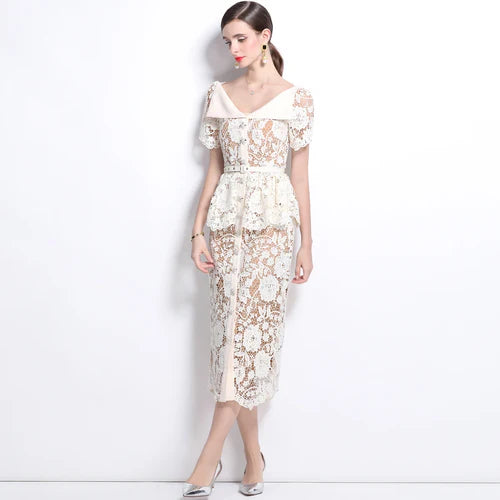 Summer Beaded Diamonds Embroidery Beige White Lace Evening - L / beige white - Other