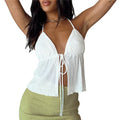 Summer Cami Top Bowknot Lace-Up Sleeveless Cropped Vest Elegant - L / WHITE - Other
