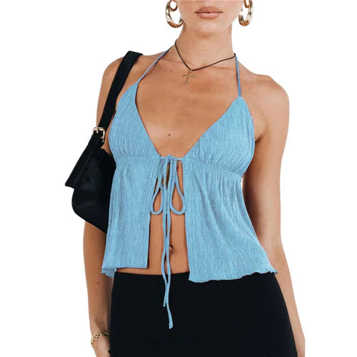 Summer Cami Top Bowknot Lace-Up Sleeveless Cropped Vest Elegant - M / Light Blue - Other
